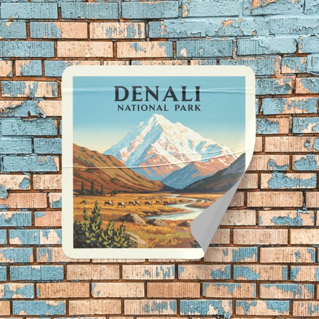 Vintager Nationalpark Denali Quadratischer Aufkleber (Von Creator hochgeladen)