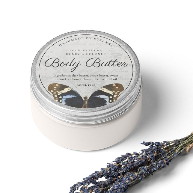 Vintager natürlicher Body Butter Blauer Butterfly Runder Aufkleber (Von Creator hochgeladen)
