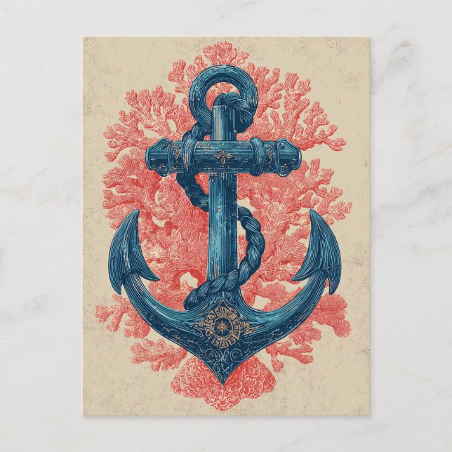 Vintager Nautikanker mit Korallen Postkarte (Vorderseite)