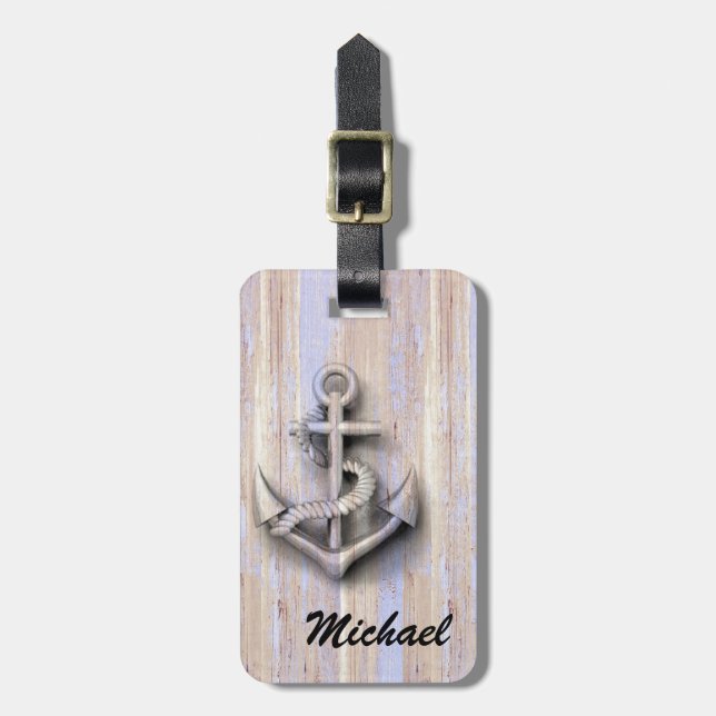 Vintager nautischer Anker aus Holz personalisiert Gepäckanhänger (Vorderseite vertikal)