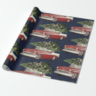 Vintager Navy- & Red Car-Tree oben Geschenkpapier