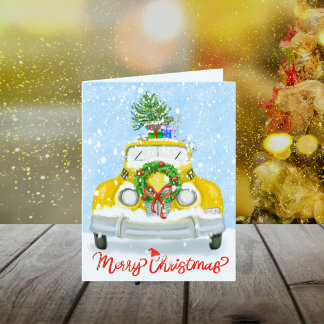 Vintager New Yorker Yellow Xmas Cab der 50er Jahre Feiertagskarte