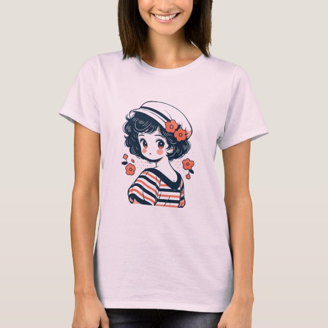 Vintager Niedlicher Anime-Girl-T - Shirt (Vorderseite)