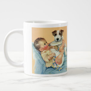 Vintager Niedlicher Baby Boy mit Flasche und Welpe Jumbo-Tasse