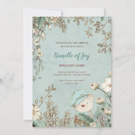 Vintager Niedlicher Bär Foto Botanical Baby Birth Ankündigung