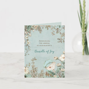 Vintager Niedlicher Bär Foto Florals Green Boy Bir Ankündigung