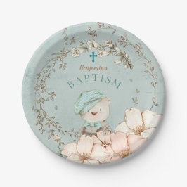 Vintager Niedlicher Bär Verlasse Boy Green Baptiss Pappteller