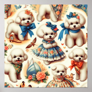 Vintager Niedlicher Bichon Frisé Malerei Poster