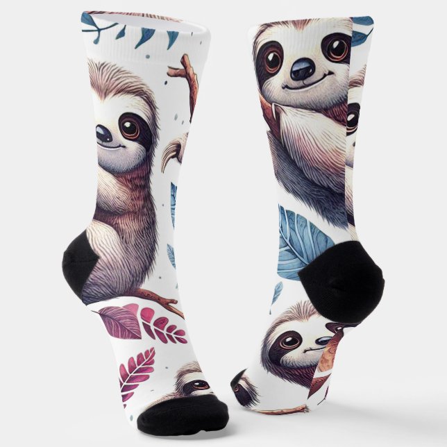 Vintager Niedlicher Faultier Nahtlose Wasserfarbe Socken (Gewinkelt)