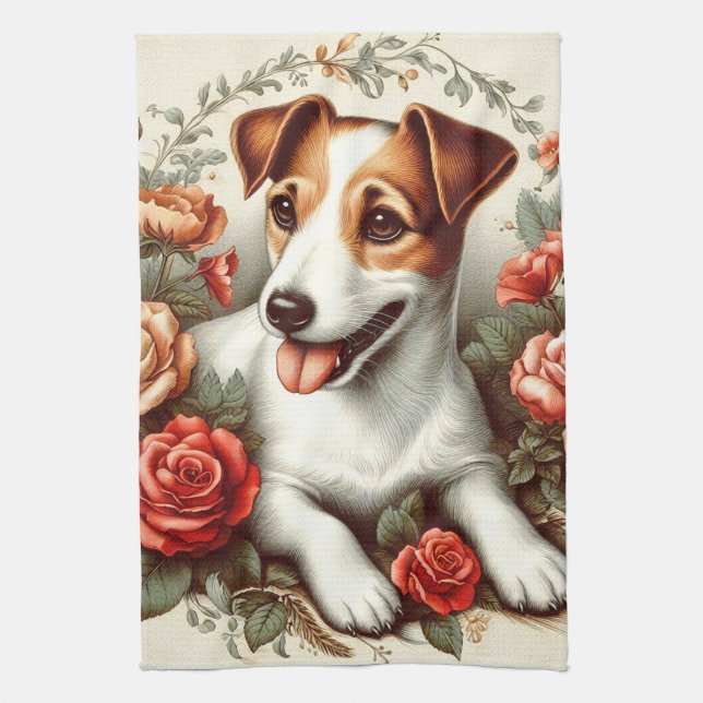 Vintager Niedlicher Jack Russell Terrier Floral Geschirrtuch (Vertikal)