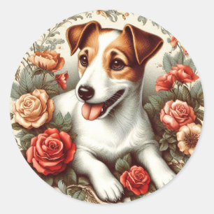 Vintager Niedlicher Jack Russell Terrier Floral Runder Aufkleber