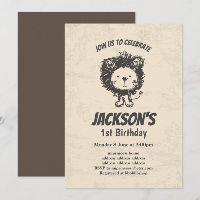 Vintager, niedlicher Löwe, Einladung zum Geburtsta (Vorne/Hinten)
