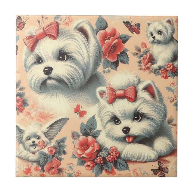 Vintager Niedlicher maltesischer Hund Fliese (Vorderseite)