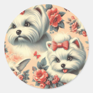 Vintager Niedlicher maltesischer Hund Runder Aufkleber