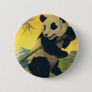 Vintager Niedlicher Panda-Bär, der Bambus isst, wi Button