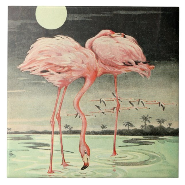 Vintager Niedlicher Rosa-Bird-Flamingo und Mond Fliese (Vorderseite)
