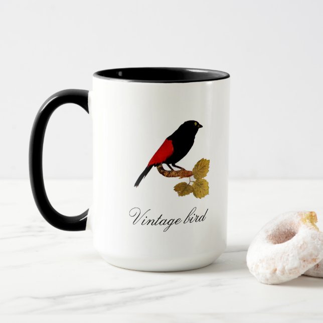 Vintager Niedlicher Rotblitz-Bird und Blattwerk Tasse (Mit Donut)