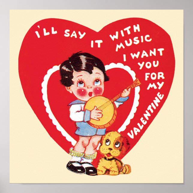 Vintager Niedlicher Valentinstag, Kindermusik Banj Poster (Vorne)