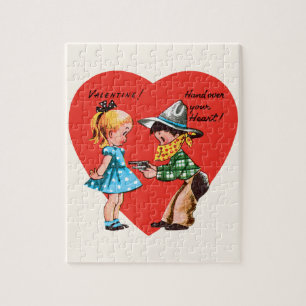 Vintager Niedlicher Valentinstag, Mädchen mit Cowb Puzzle