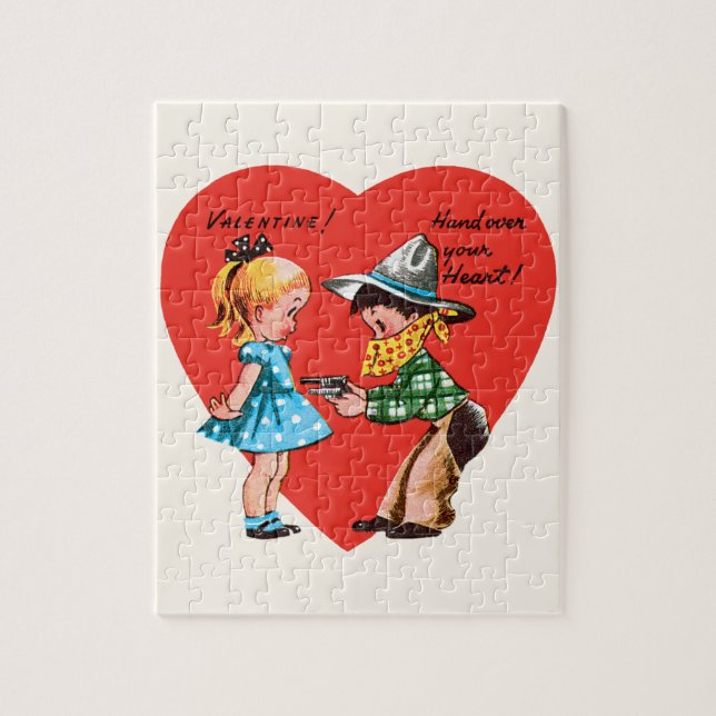 Vintager Niedlicher Valentinstag, Mädchen mit Cowb Puzzle (Vertikal)