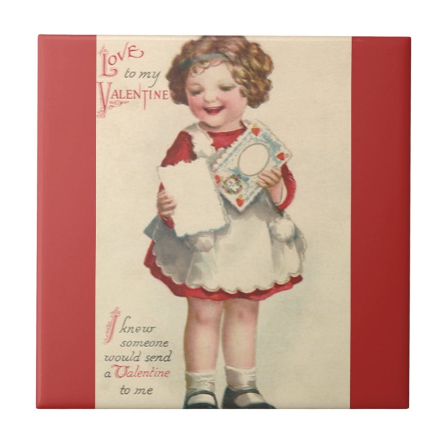 Vintager Niedlicher Valentinstag, Mädchen mit Lieb Fliese (Vorderseite)