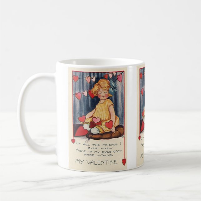 Vintager Niedlicher Valentinstag, Mädchen mit rote Kaffeetasse (Links)