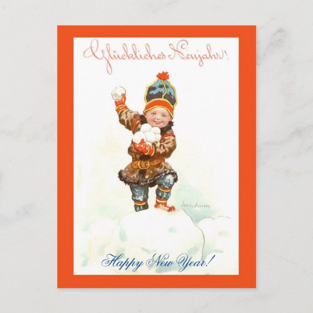 Vintager Norwegischer Neujahrsjunge mit Snowballs  Postkarte (Vorderseite)