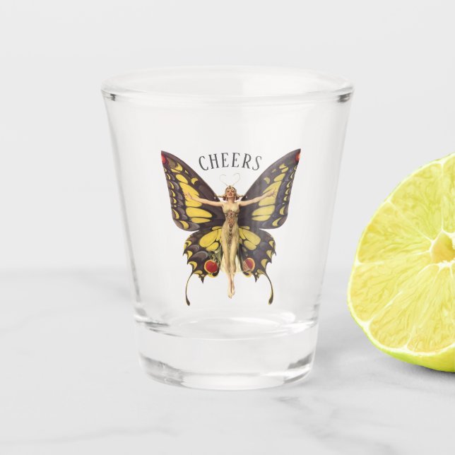 Vintager Nouveau Butterfly Flapper Cheers Schnapsglas (Vorderseite)