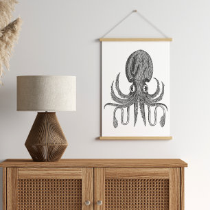 Vintager Oktopus, der in Schwarz und Weiß Zeichne Poster
