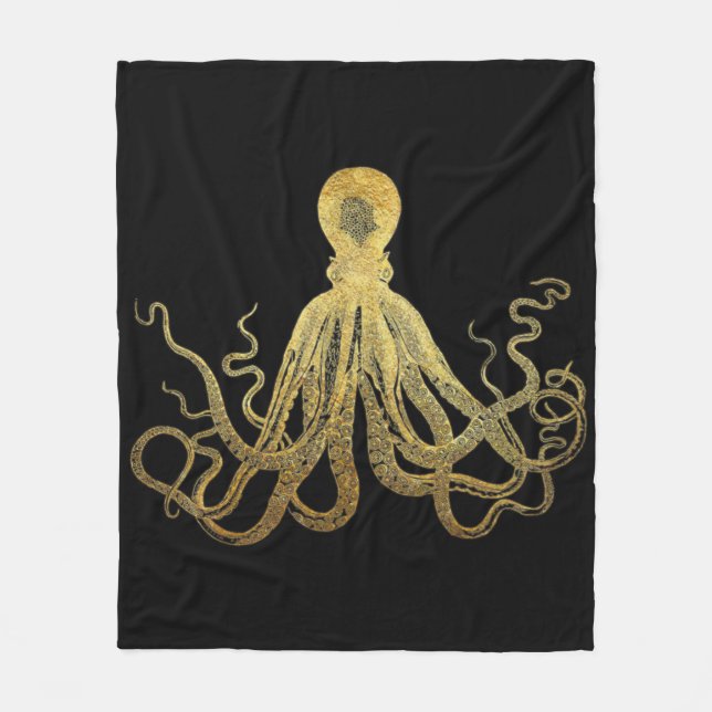 Vintager Oktopus Gold Schwarze Tinte Küste Nautic Fleecedecke (Vorderseite)