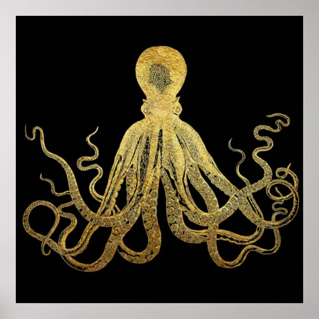 Vintager Oktopus Gold Schwarze Tinte Küste Nautic Poster (Vorne)
