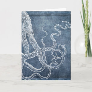 Vintager Oktopus Twilight Blue Denim Watercolor Karte