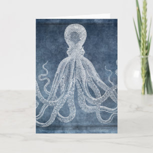 Vintager Oktopus Twilight Blue Denim Watercolor Karte