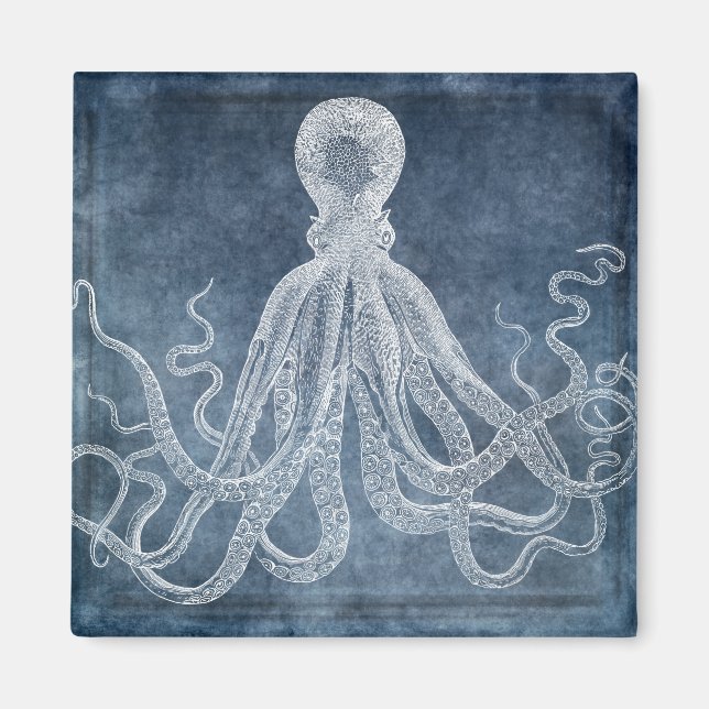 Vintager Oktopus Twilight Blue Denim Watercolor Magnet (Vorne)