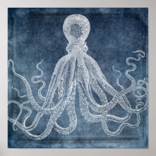 Vintager Oktopus Twilight Blue Denim Watercolor Poster