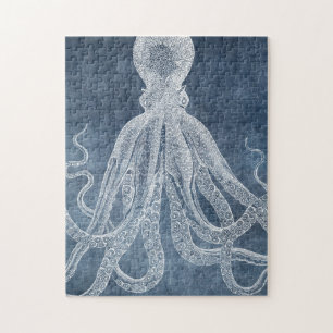 Vintager Oktopus Twilight Blue Denim Watercolor Puzzle