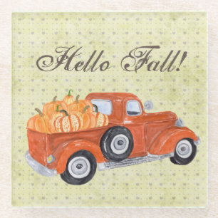 Vintager Orange Truck und Pumpkins fallen Glasuntersetzer