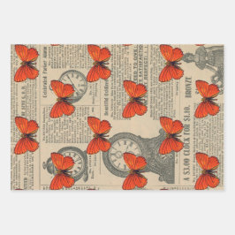 Vintager Orangenschmetterling und Zeitung Geschenkpapier Set