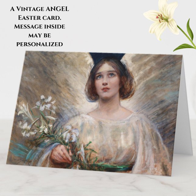 Vintager Osterangel und weiße Lilienkarte Karte (A beautiful vintage angel Easter card. Message inside may be personalized.)