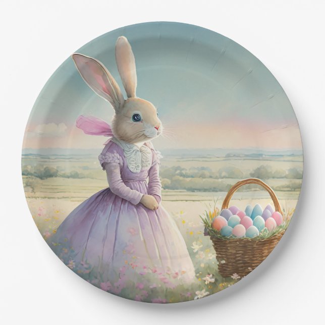 Vintager Osterhase mit Ostereierkorb Pappteller (Vorderseite)