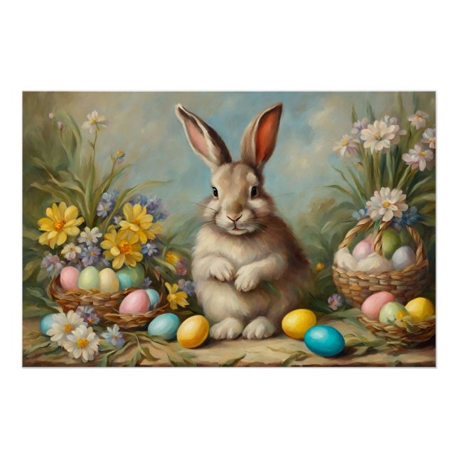 Vintager Osterhase mit Osterkörben, Blume Poster (Vorderseite)