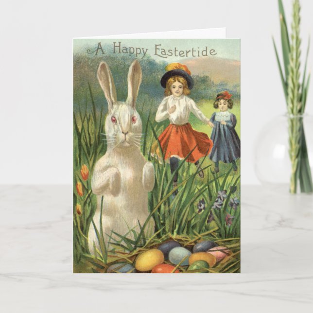 Vintager Osterhase und glückliche Kinder Feiertagskarte (Vorderseite)