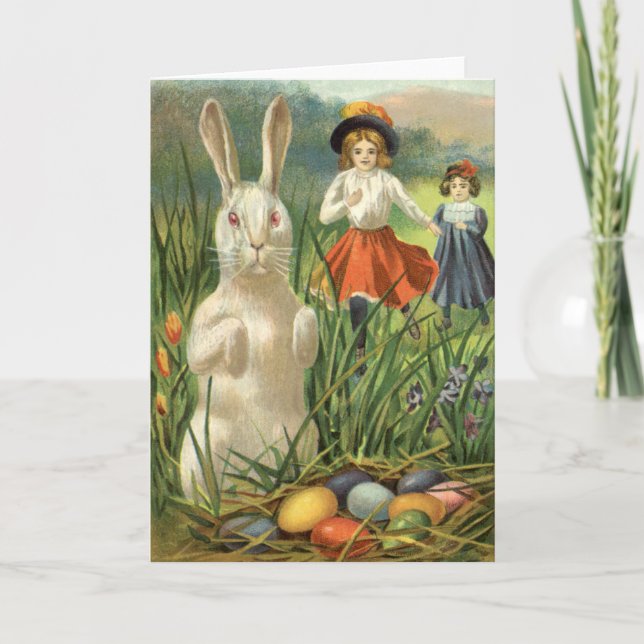 Vintager Osterhase und glückliche Kinder Feiertagskarte (Vorderseite)