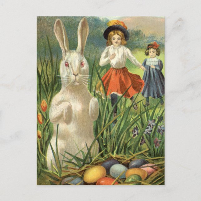 Vintager Osterhase und glückliche Kinder Feiertagspostkarte (Vorderseite)