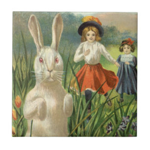 Vintager Osterhase und glückliche Kinder Fliese
