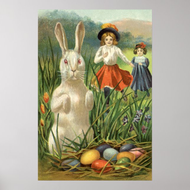 Vintager Osterhase und glückliche Kinder Poster (Vorne)