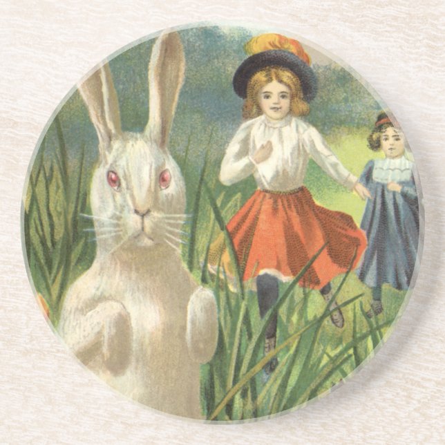Vintager Osterhase und glückliche Kinder Sandstein Untersetzer (Vorne)
