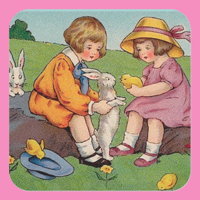 Vintager Osterjunge und Mädchen Quadratischer Aufkleber (Von Creator hochgeladen)