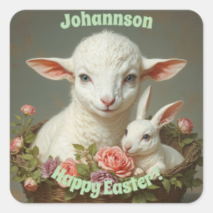 Vintager Ostern - Individuelles Lamm- und Sonnenli Quadratischer Aufkleber