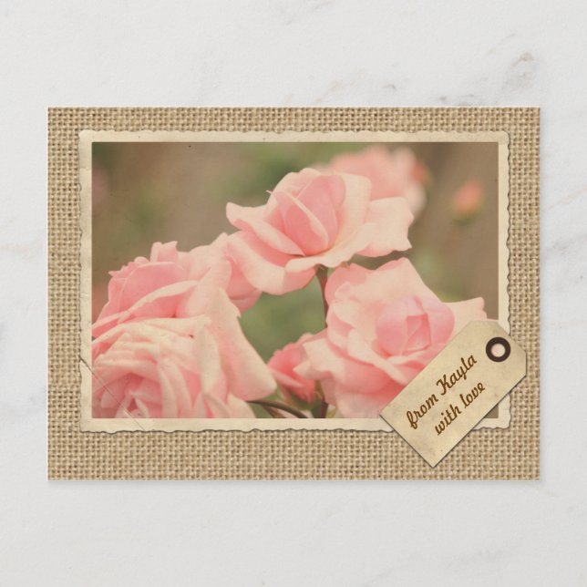 Vintager Papierrahmen - Tag Rosa Rose Burlap Postkarte (Vorderseite)